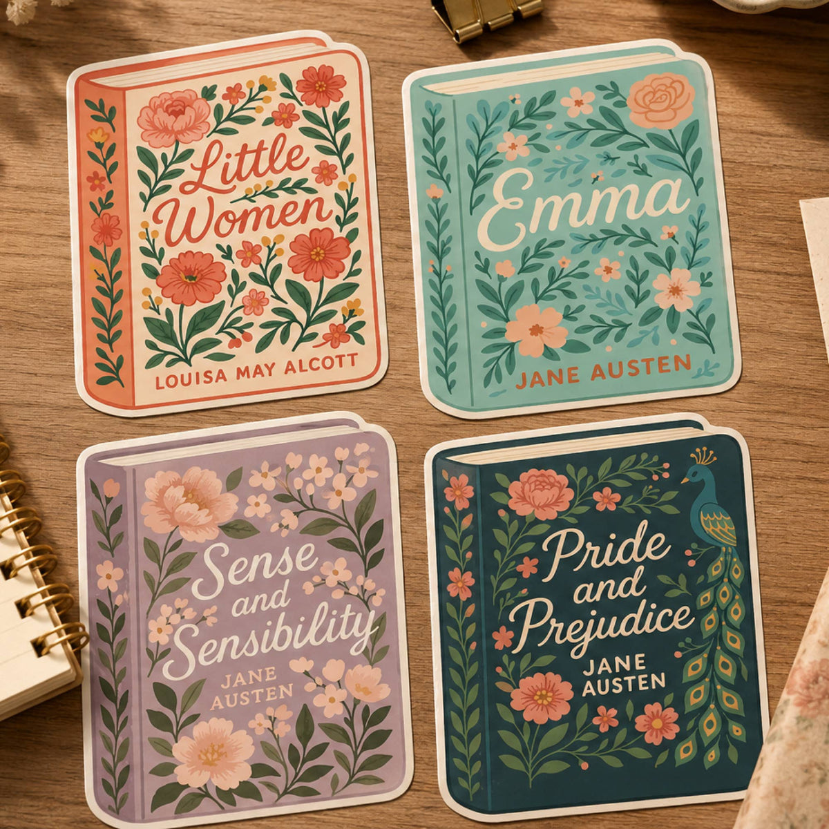 Emma Jane Austen Floral Book Cover Vinyl Sticker, Waterproof