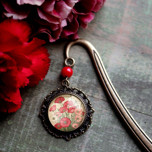 Pink and Red Poppies Cottagecore Bronze and Glass Bookmark