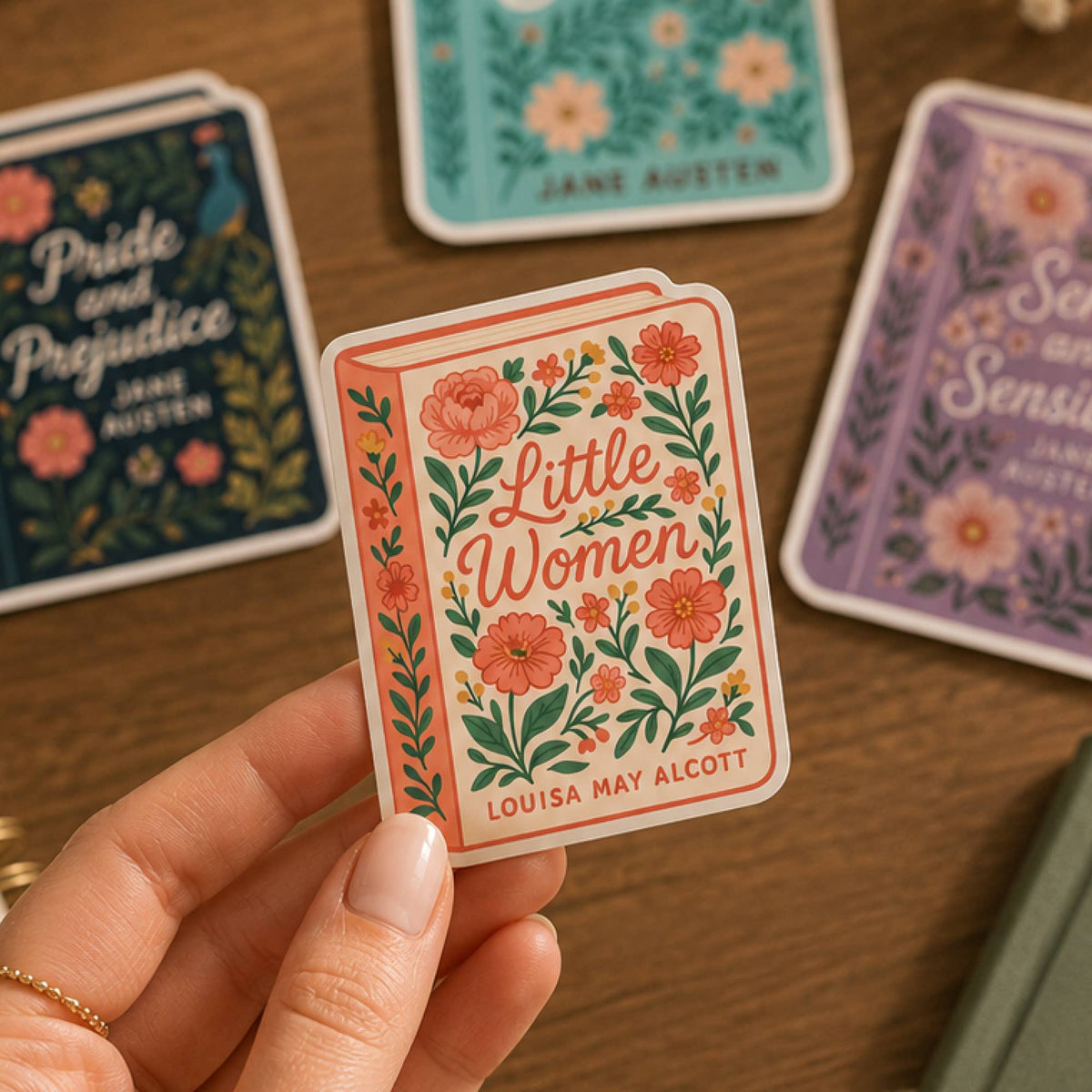 Emma Jane Austen Floral Book Cover Vinyl Sticker, Waterproof