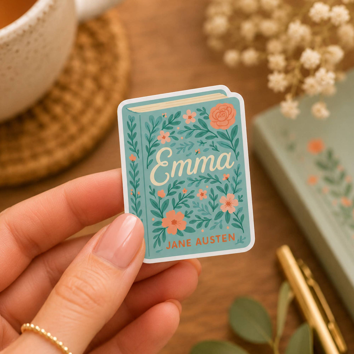Emma Jane Austen Floral Book Cover Vinyl Sticker, Waterproof